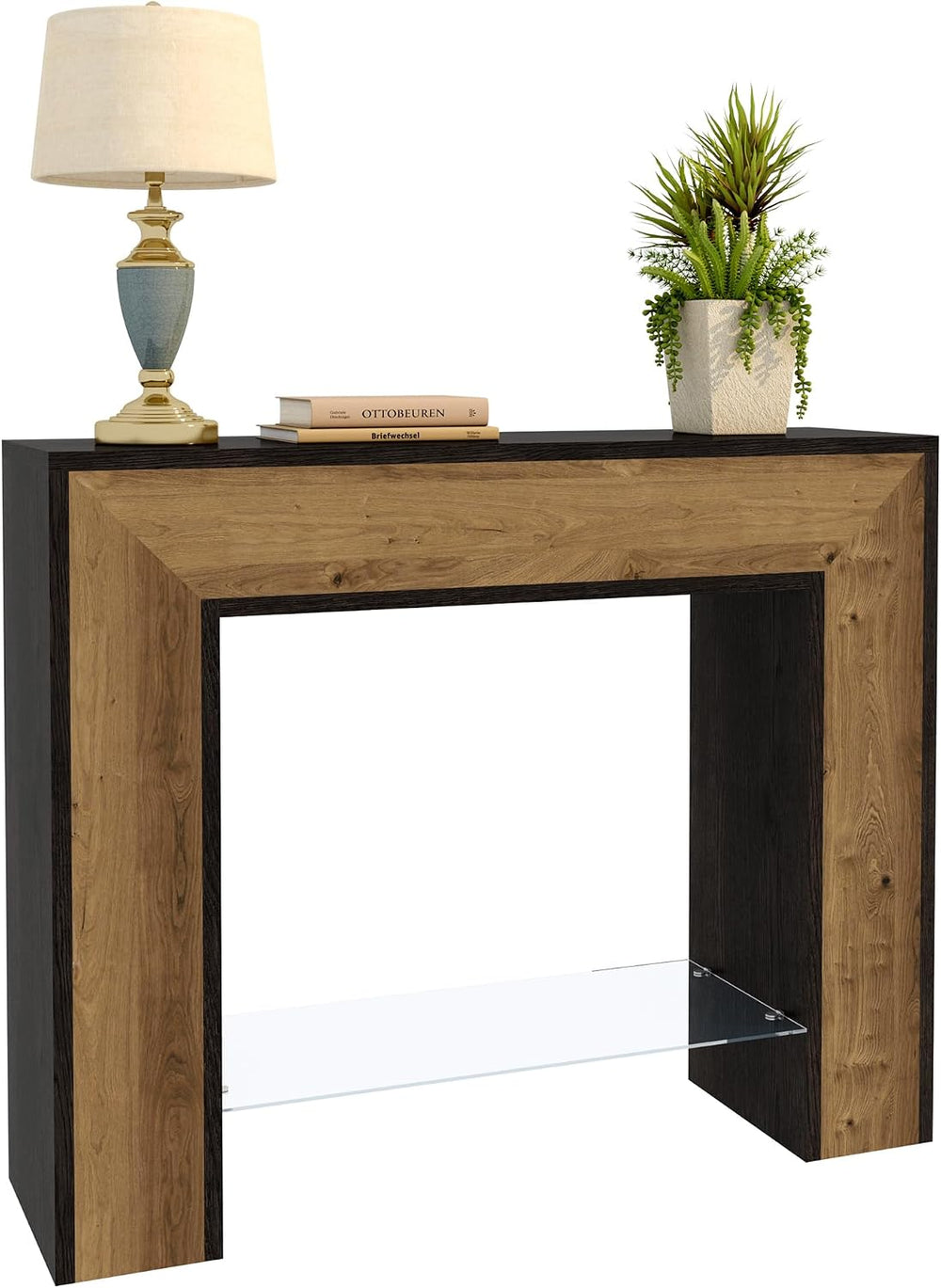 Rustic Console Table with Light, 41” Entryway Table with Glass Open Shelf | F...