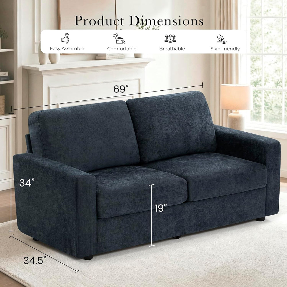 2 Pieces Chenille Sofa Sets w/Comfortable Back Cushions, Blue