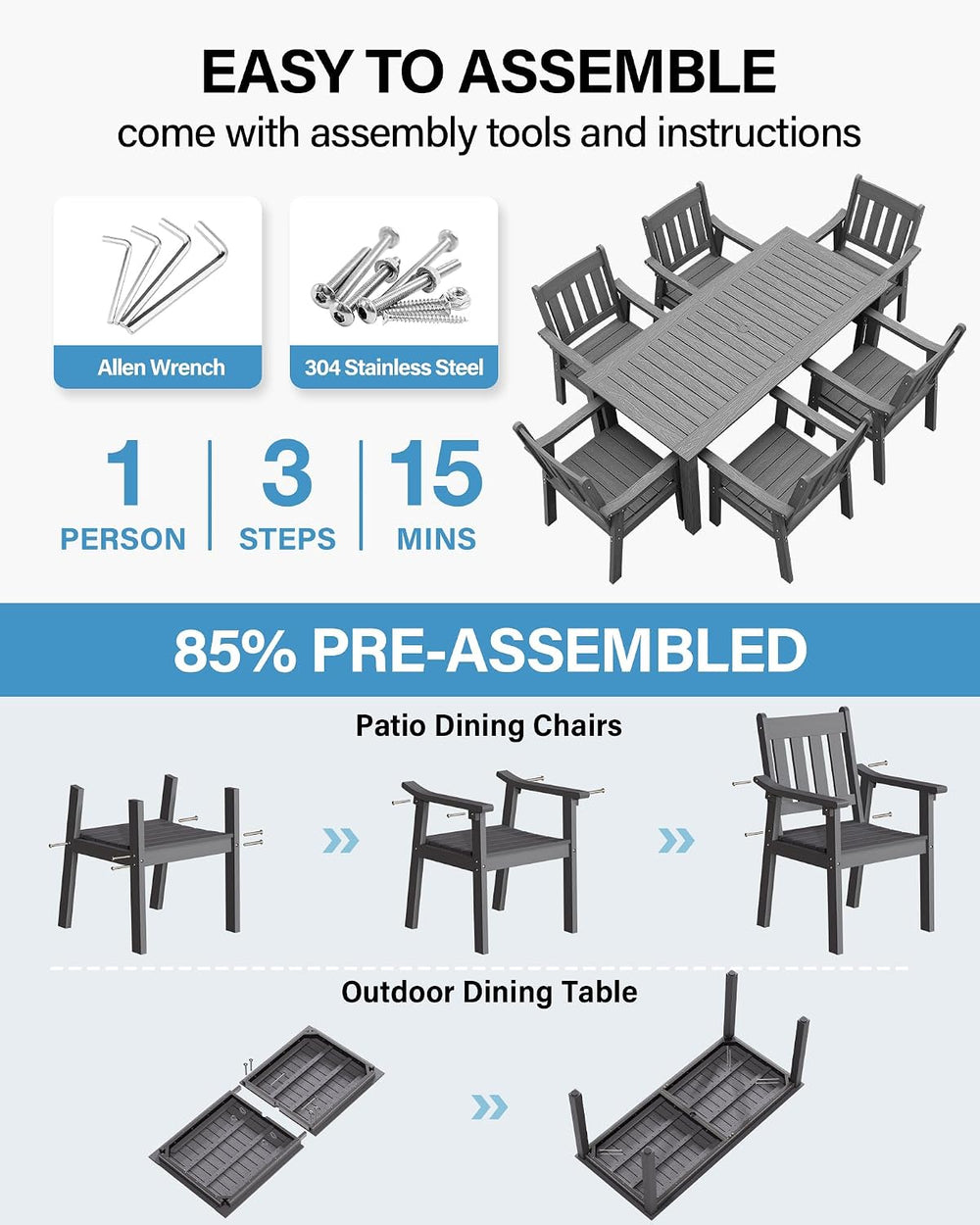 YEFU 7-Piece Patio Table Set, All-Weather HIPS, Metal Aluminum Frame, Gray
