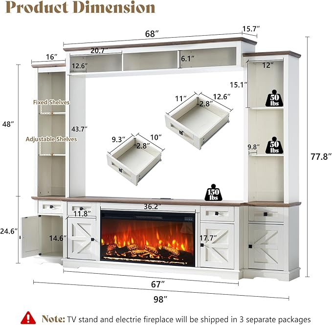 AMERLIFE 98in Farmhouse Entertainment Center with 36" Fireplace, TV Stan...