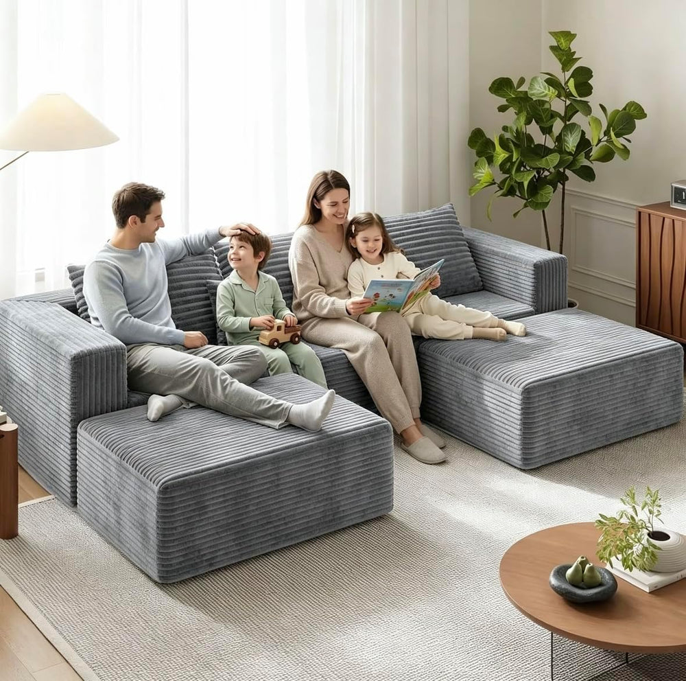 110" U Shaped Sectional Sofa with 2 Ottomans, Modular Corduroy Cloud Cou...