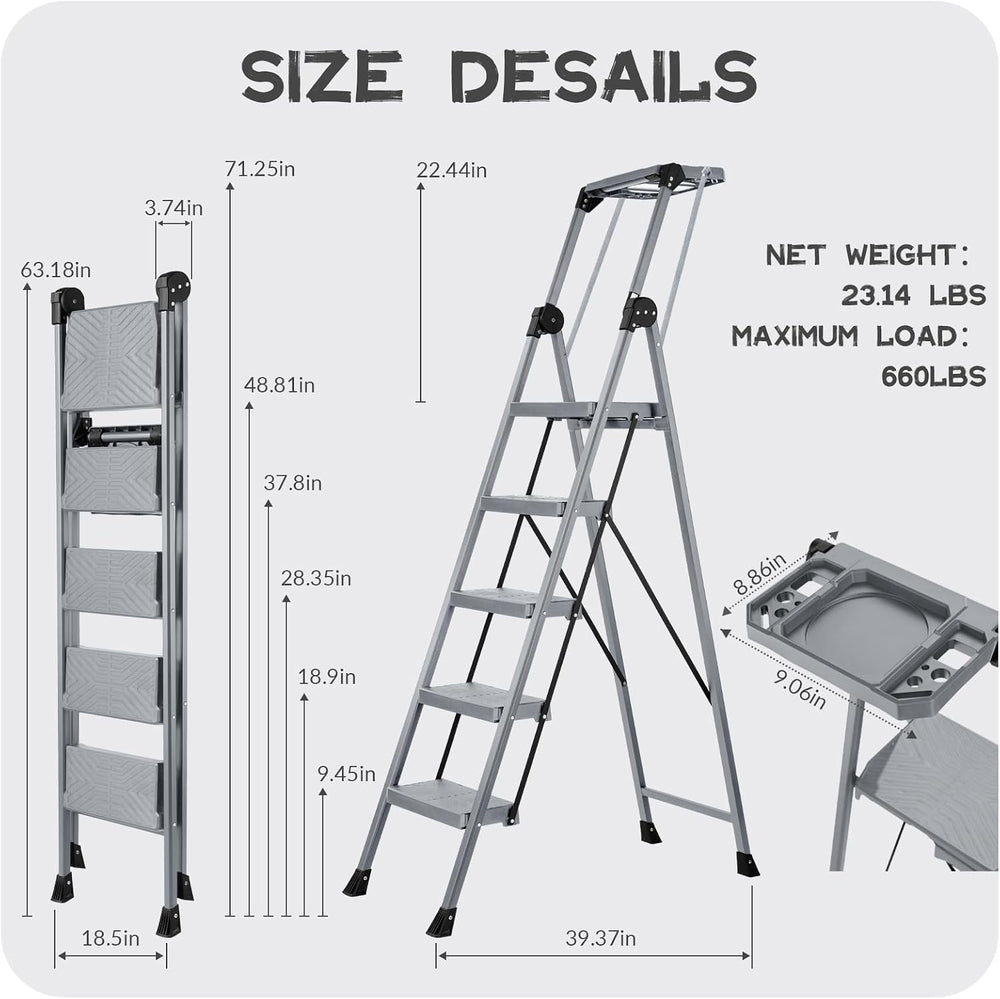 5 Step Ladder, Steel Stool with Foldable Handrail & Tool Tray