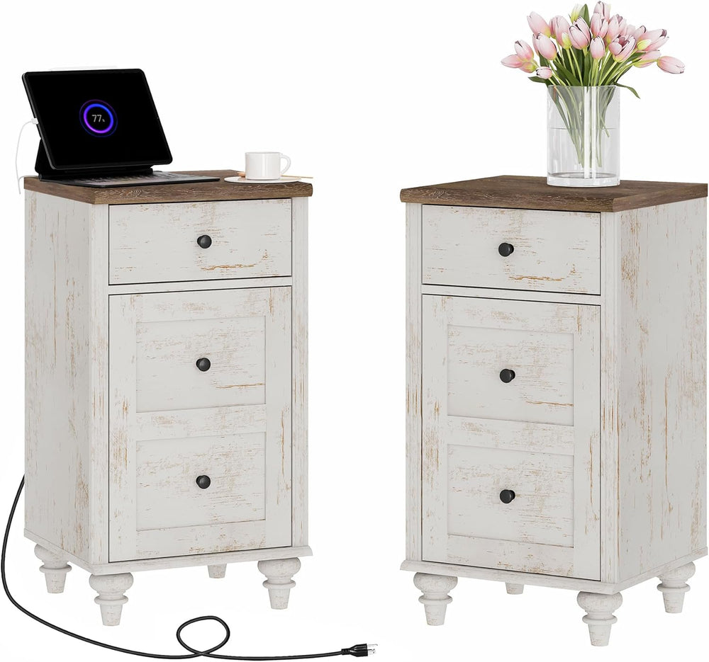 WAMPAT Set of 2 End Table with Charging Station, Wood Nightstands with Drawer...