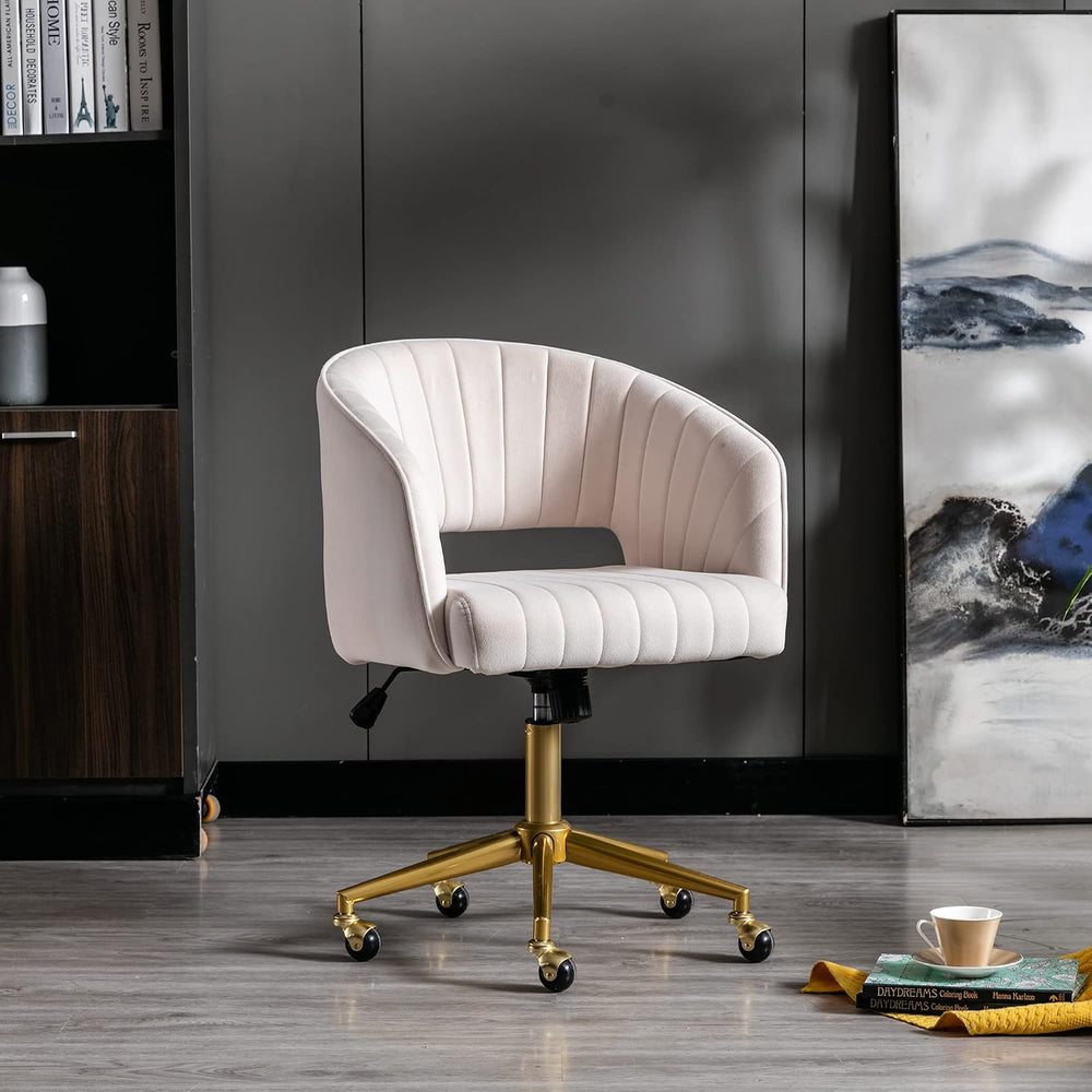 KCC Vanity Chair Velvet Desk Chair with Gold Base for Living Room,Cream