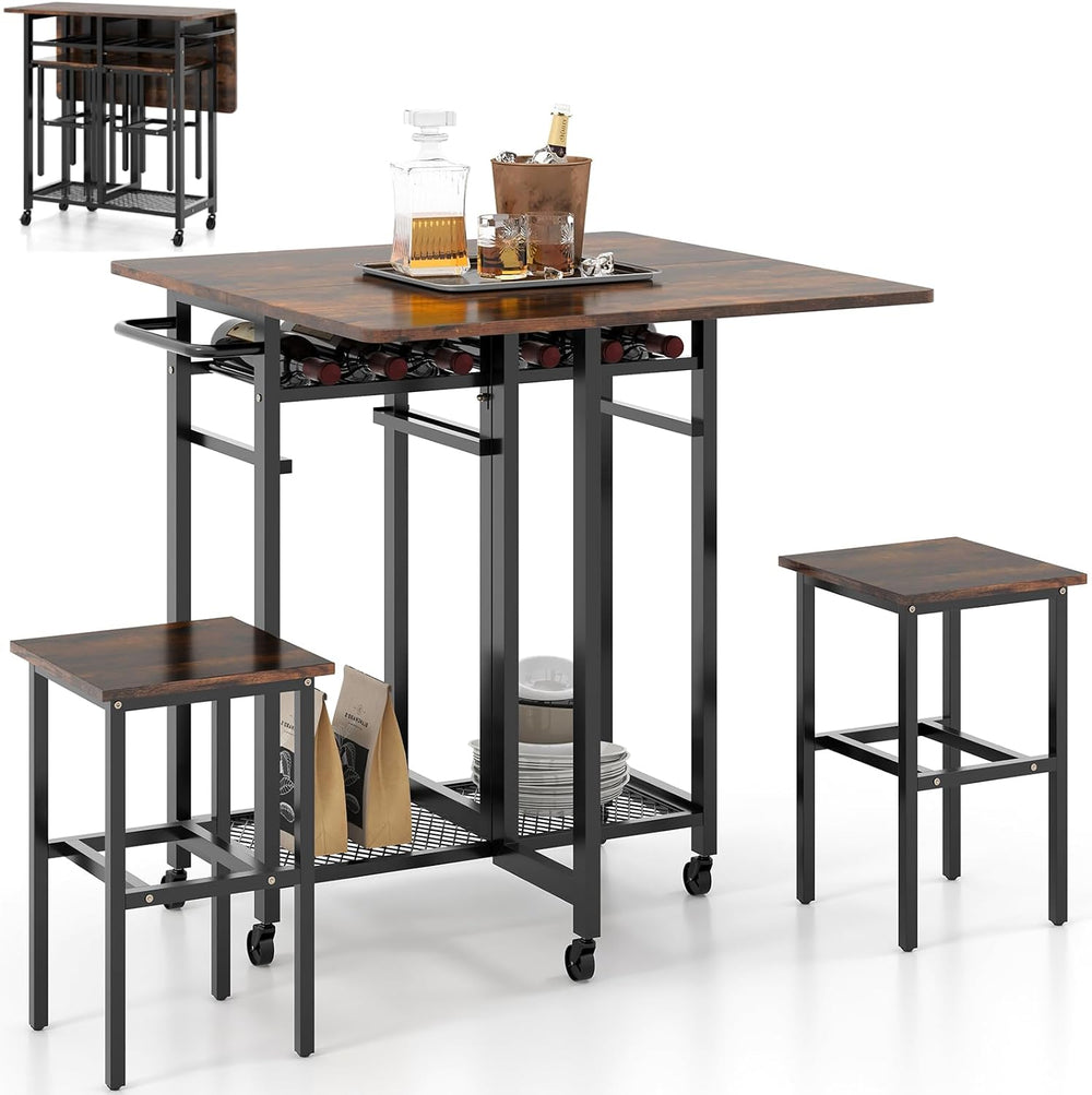 TANGZON 3 Piece Dining Table Set, Folding Drop Leaf Dining Table and 2 Stools...