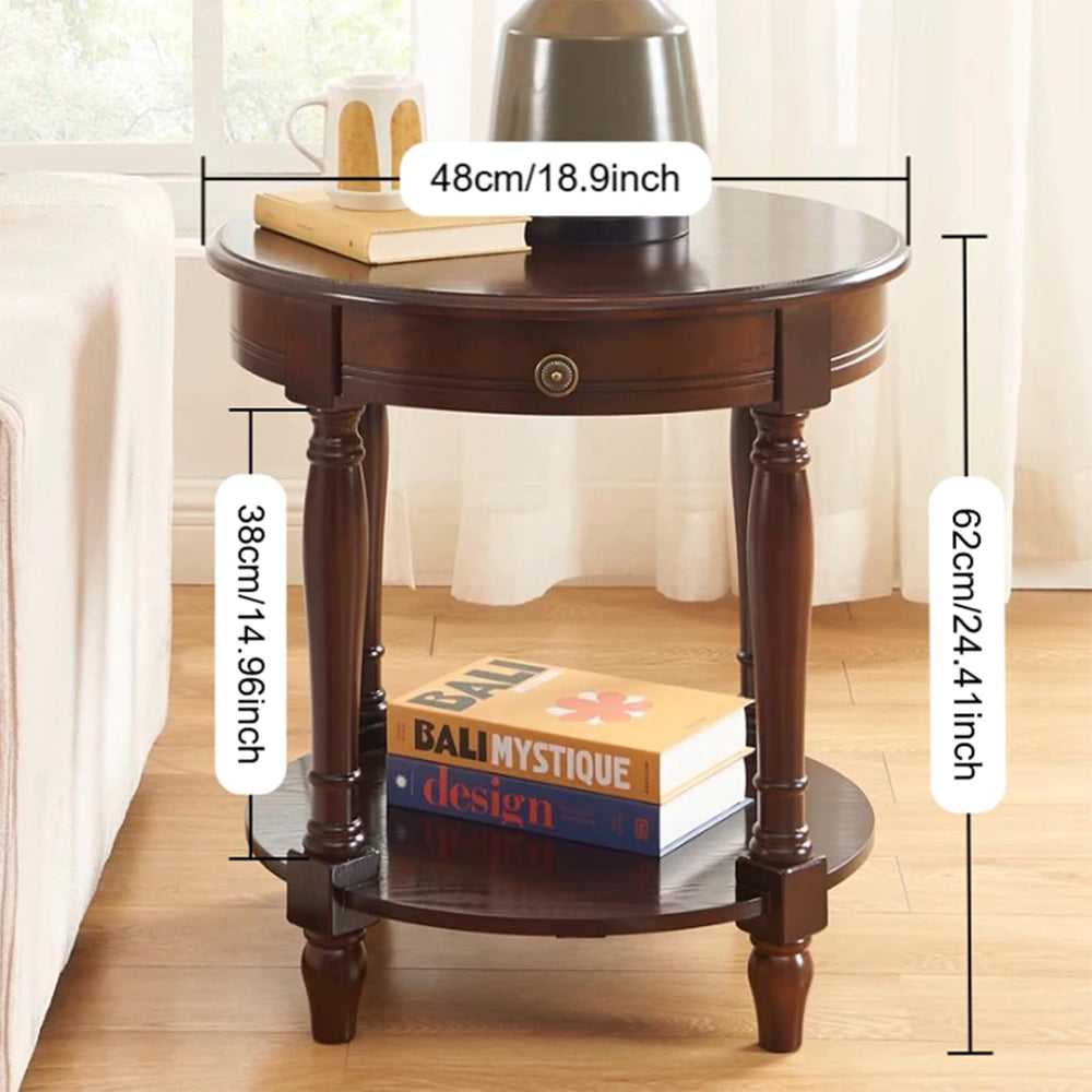 YUNMUARY-Solid Wood End Table Round Side Table with Drawers Vintage Nightstan...