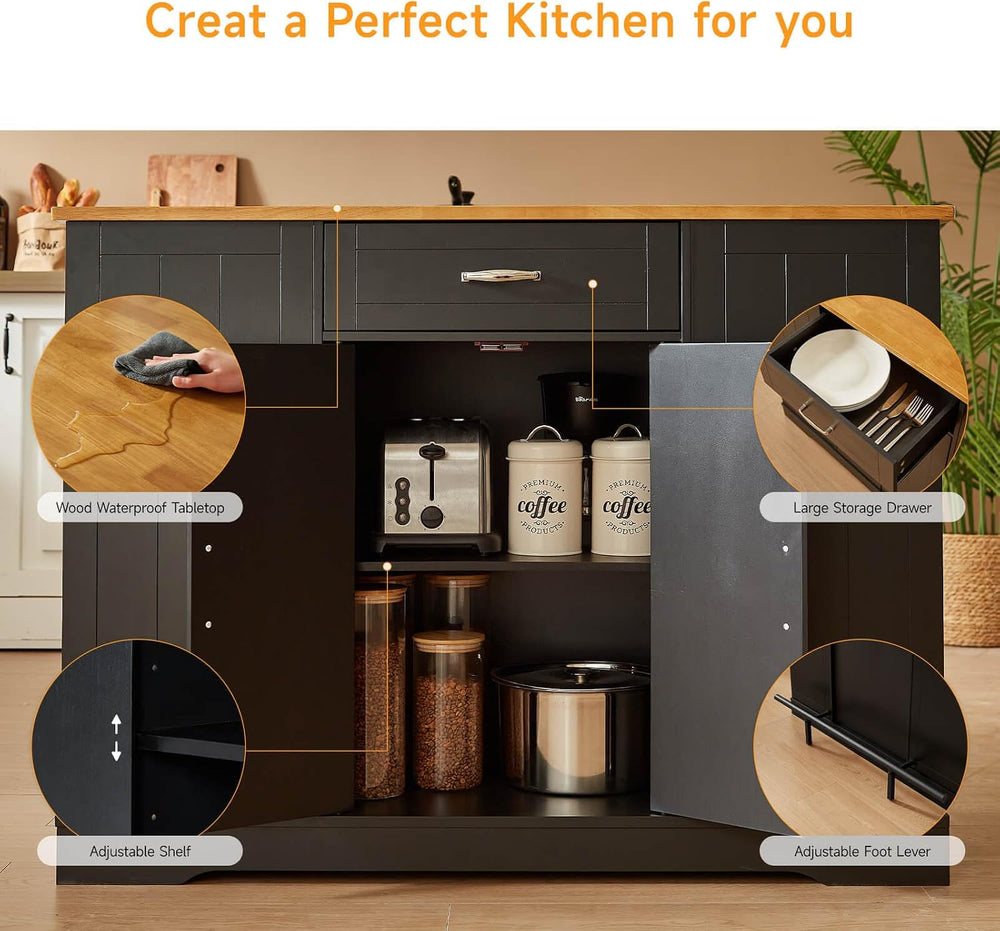 ONBRILL 47" Kitchen Island with Trash Can Storage, Include 2 Chairs, Bla...