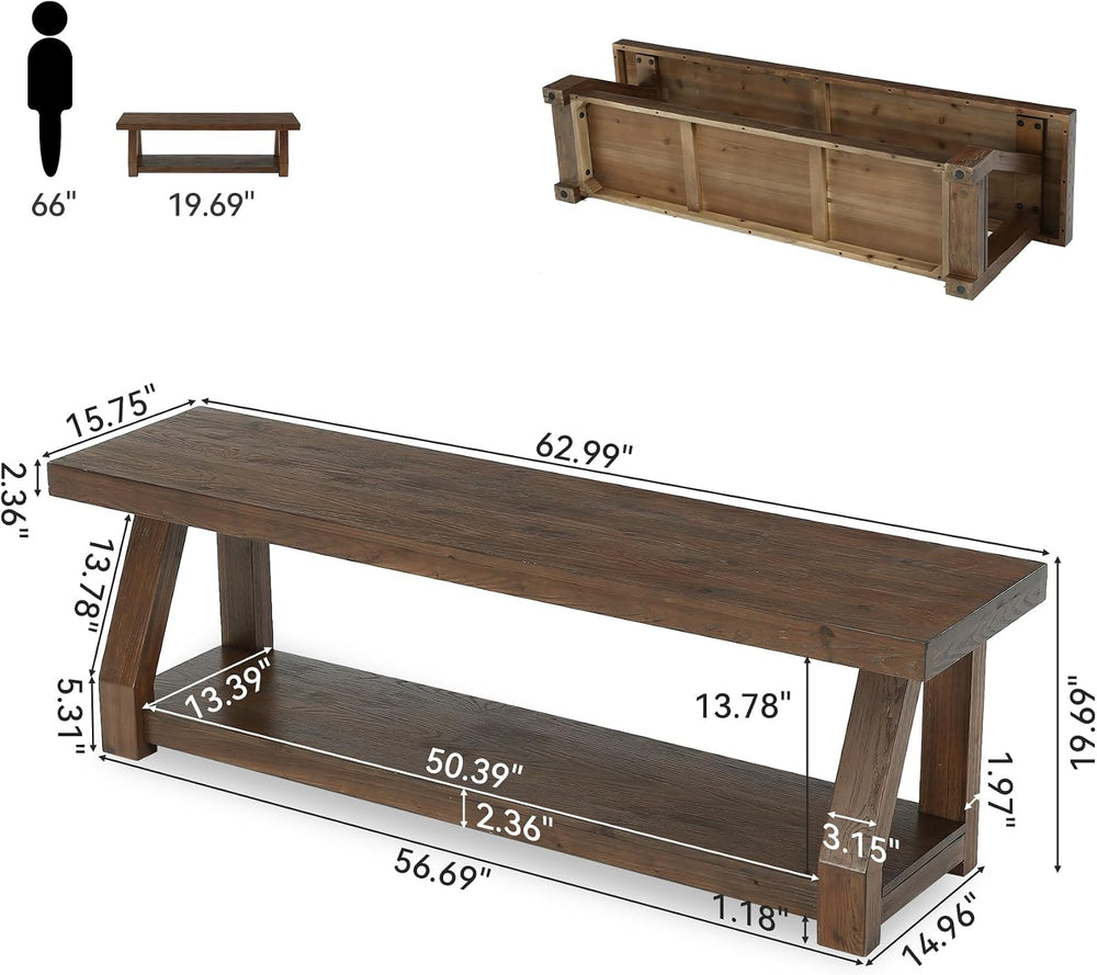 63" Solid Wood Bench, 2-Tier Entryway Bench with Shoe Storage, Rustic Ha...