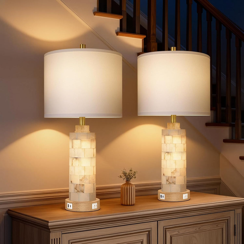 KIVDITZO 27" Alabaster and Wood Table Lamps Set of 2 with Night Light