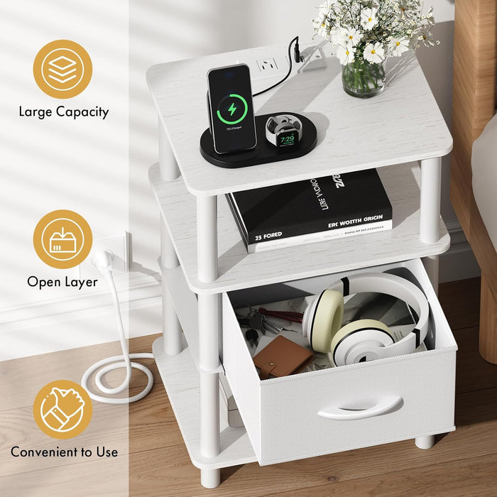 Bedroom Nightstand with Charging Station, Bedside Table with Adjustable Fabric Drawer, 3-Tier Night Table, 2-Min Installation Without Tools, Bedroom Side Table, White
