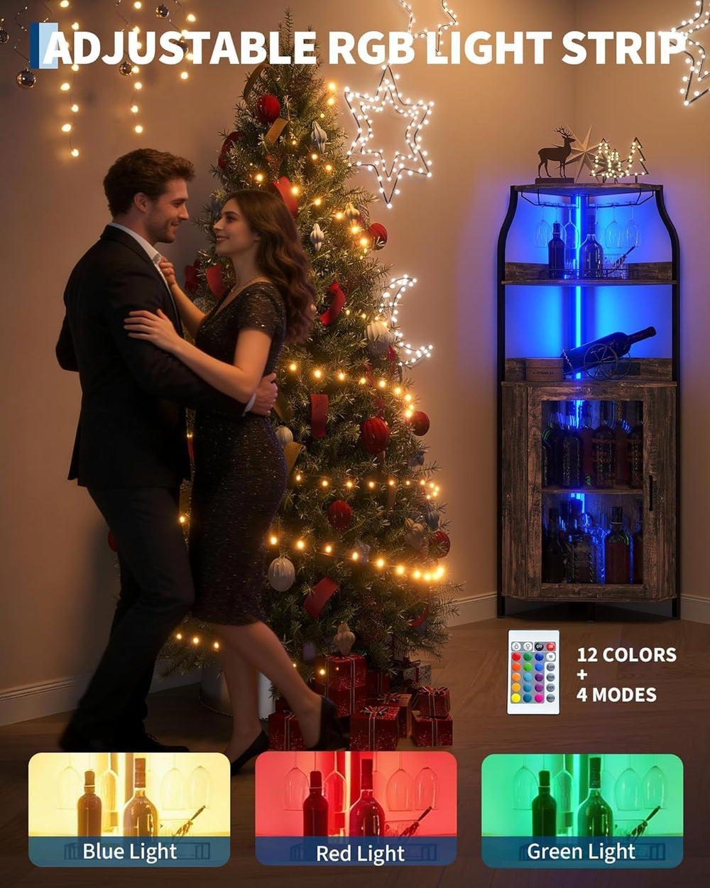 Garvee 68-Inch Corner Bar Cabinet with LED Lights and Outlet, Freestanding Wi...