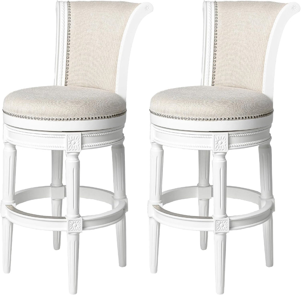 Maven Lane Pullman Bar Stool, White, Cream Fabric, 31", Set of 2