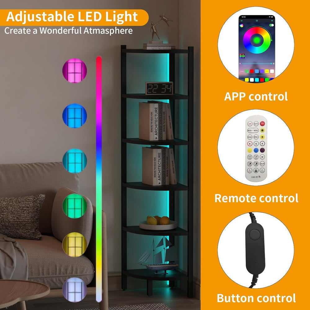 Corner Shelf with LED Lights, 6-Tier Corner Bookshelf, 66'' Organizer...