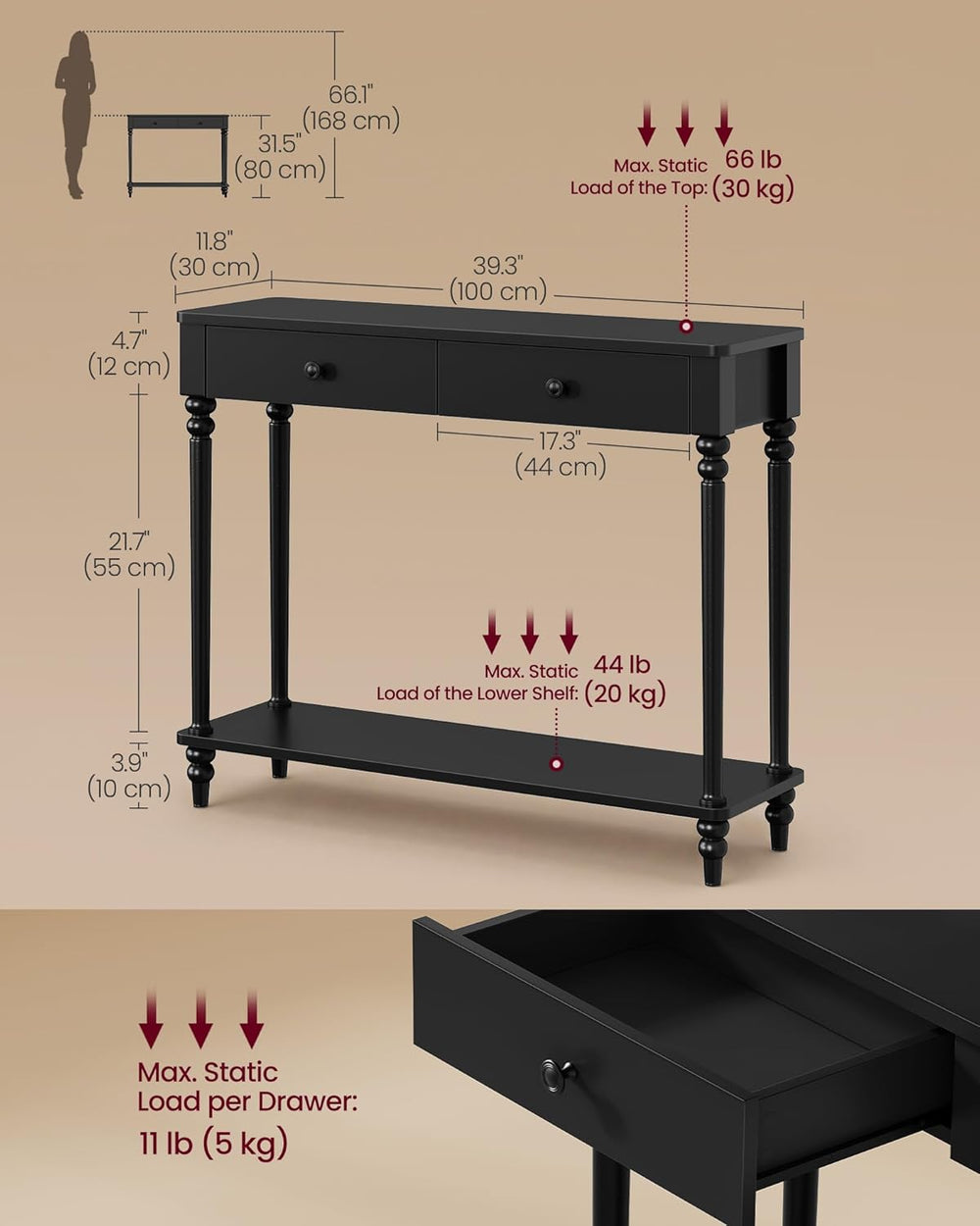 VASAGLE 39.3"Console Table, Narrow Entryway Sofa Table with Solid Wood L...