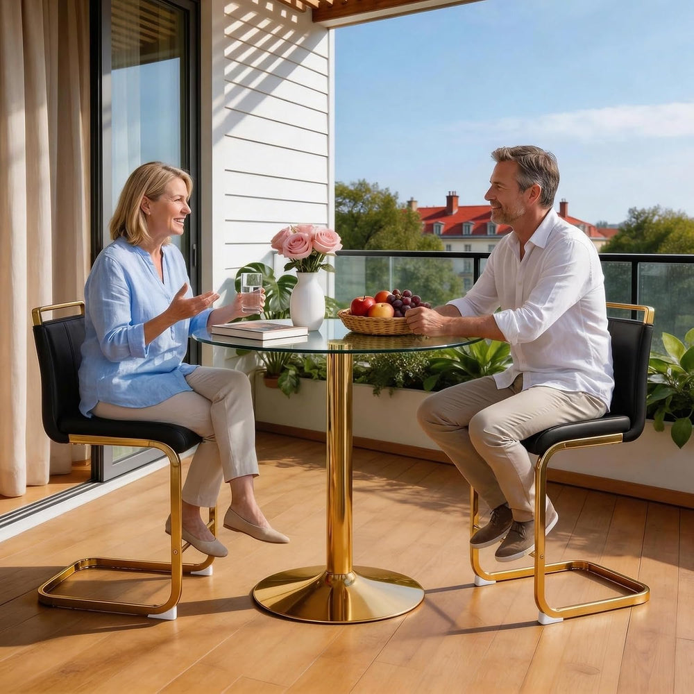 Glass Dining Table Set for 2, Round Bistro Set with Metal Frame, Compact 3-Pi...