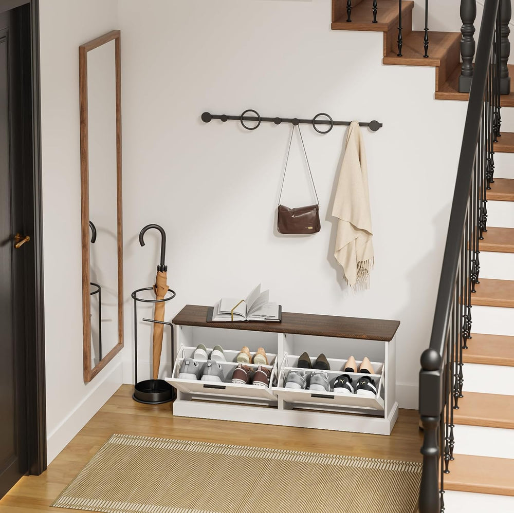 SoBuy Narrow Shoe Bench with Flip Drawers - Slim White Entryway Shoe Storage ...