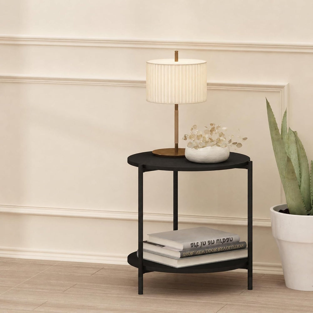 Furinno Besi 2-Tier Wide Round Side Table with Metal Legs, Metal Black End Ta...
