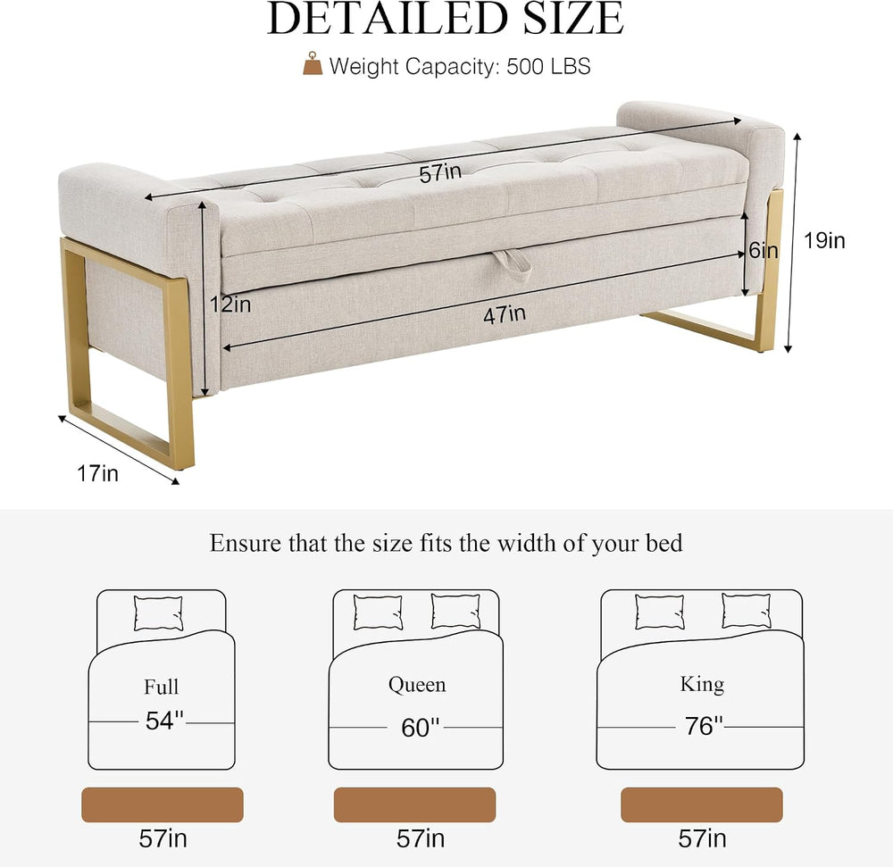 adochr 57" Storage Ottoman Bench, Upholstered End of Bed Bench, Beige | ...