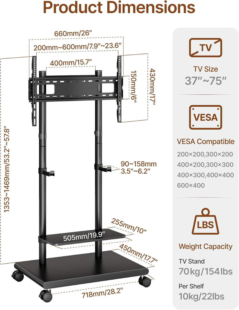 Rolling TV Stand with Soundbar Mount for 37-75inch TVs up to 154lbs | Swivel&...