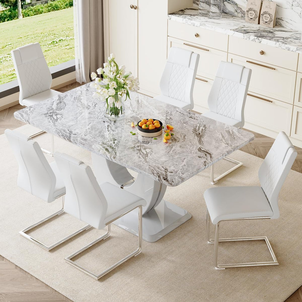 JUFU 7-Piece Dining Table Set for 6, 63-Inch Faux Marble, White/Platinum