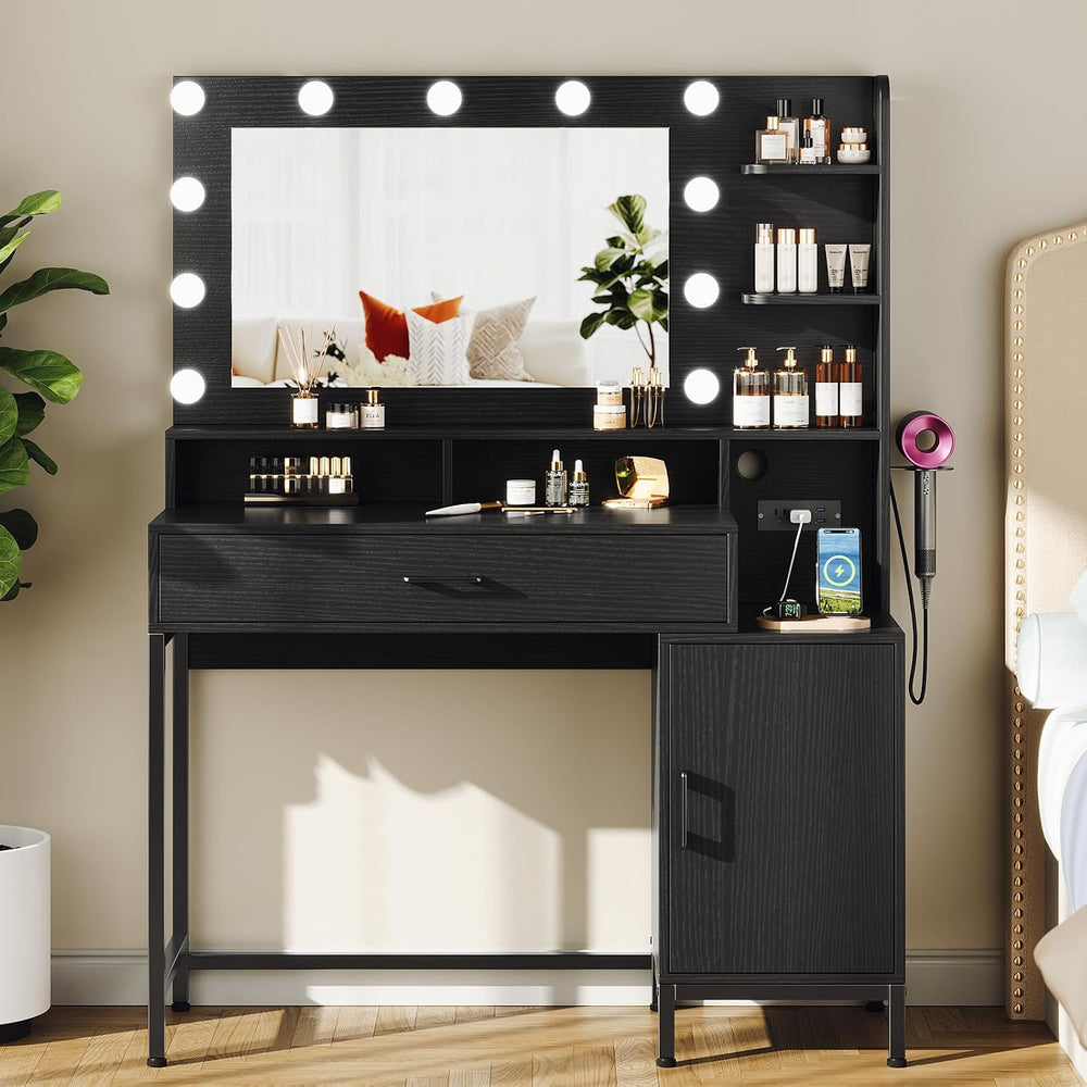 Driftalia Black Makeup Vanity Desk with Mirror and Lights for Bedroom | Integ...