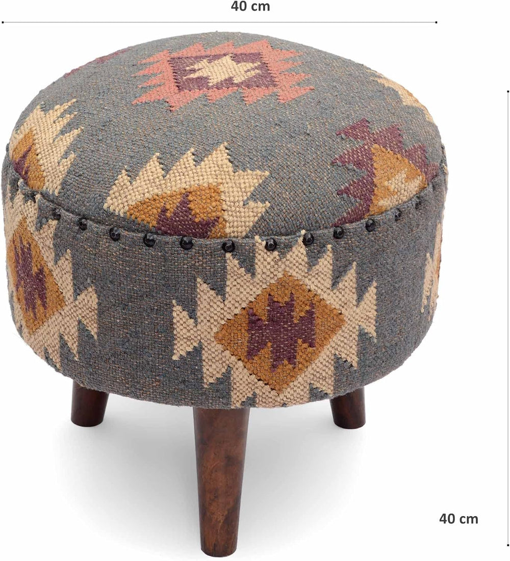 Handmade Kilim Jute Pouf Ottoman Stool | Round Upholstered Seating with Acaci...