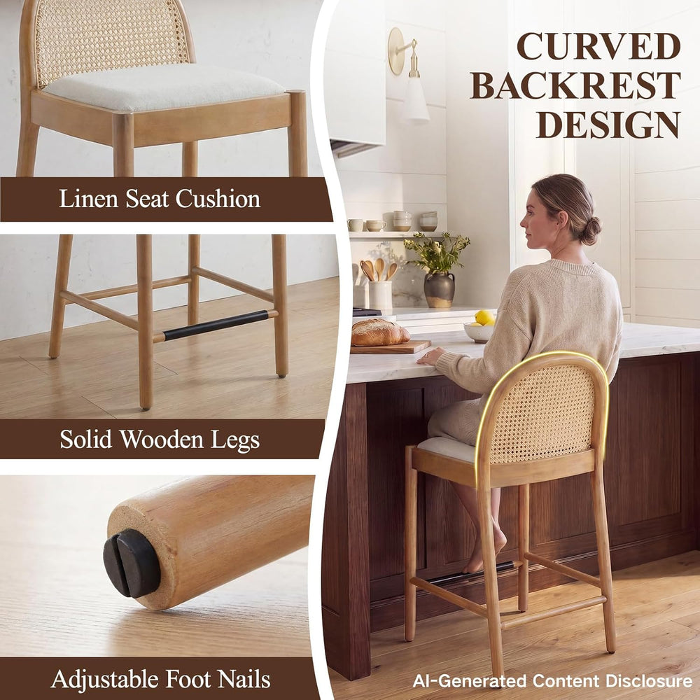 Ya-Home Mid-Century Bar Stools Set of 4, 26 Inch Rattan Back Linen Counter He...