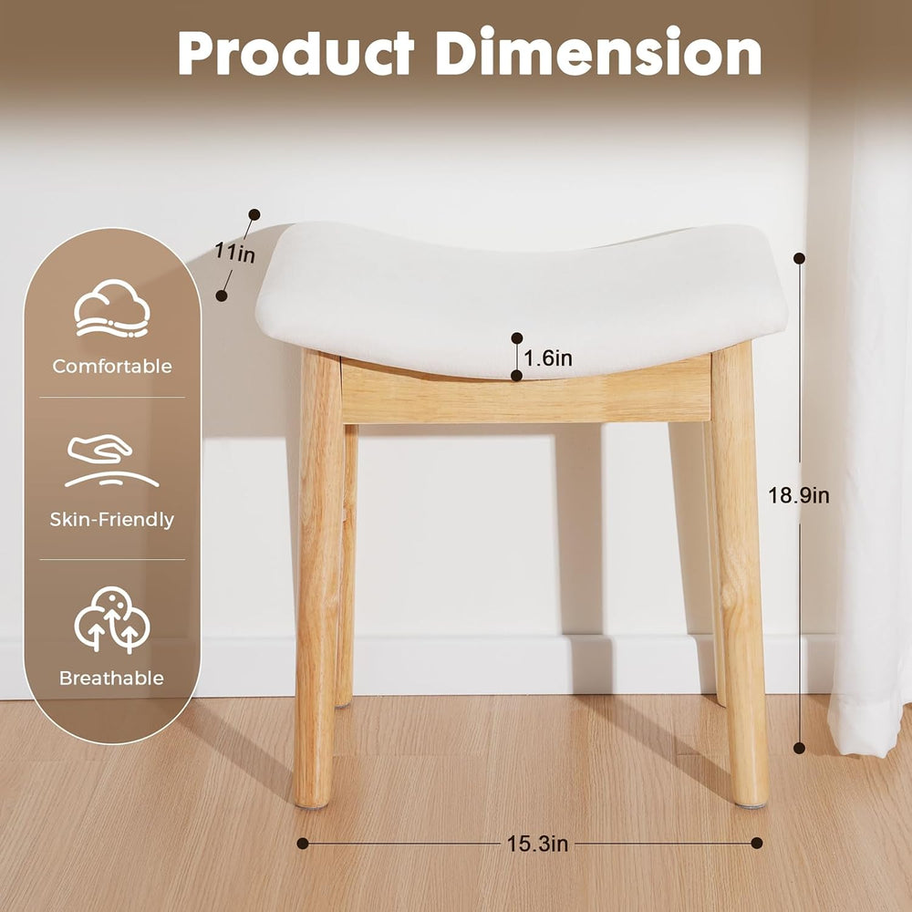 18" Small Vanity Chair Ottoman Bench Saddle Cushion Linen Beige | Soft S...