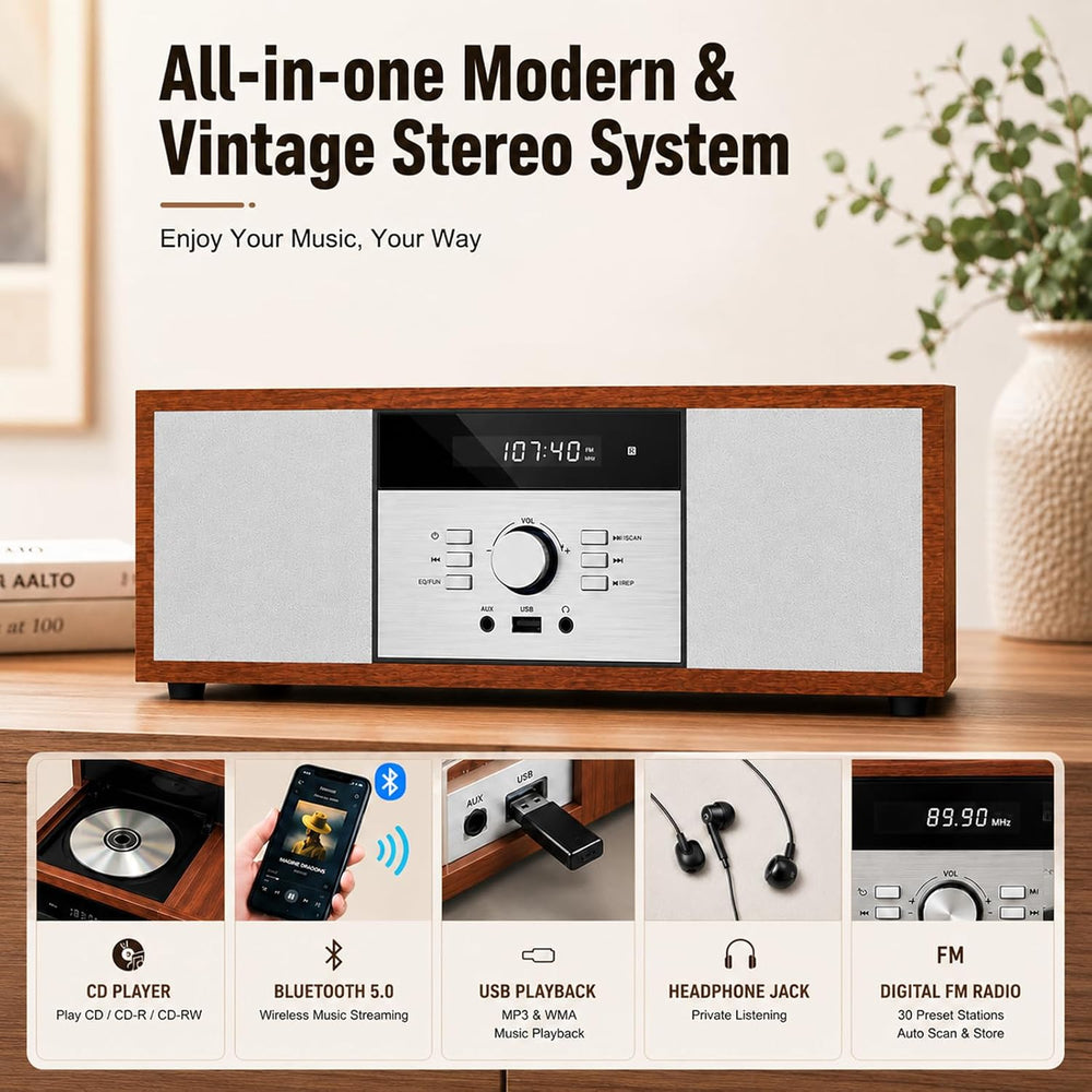 Nostalgic Bluetooth Stereo System for Home, WISCENT Vintage Micro HiFi System...