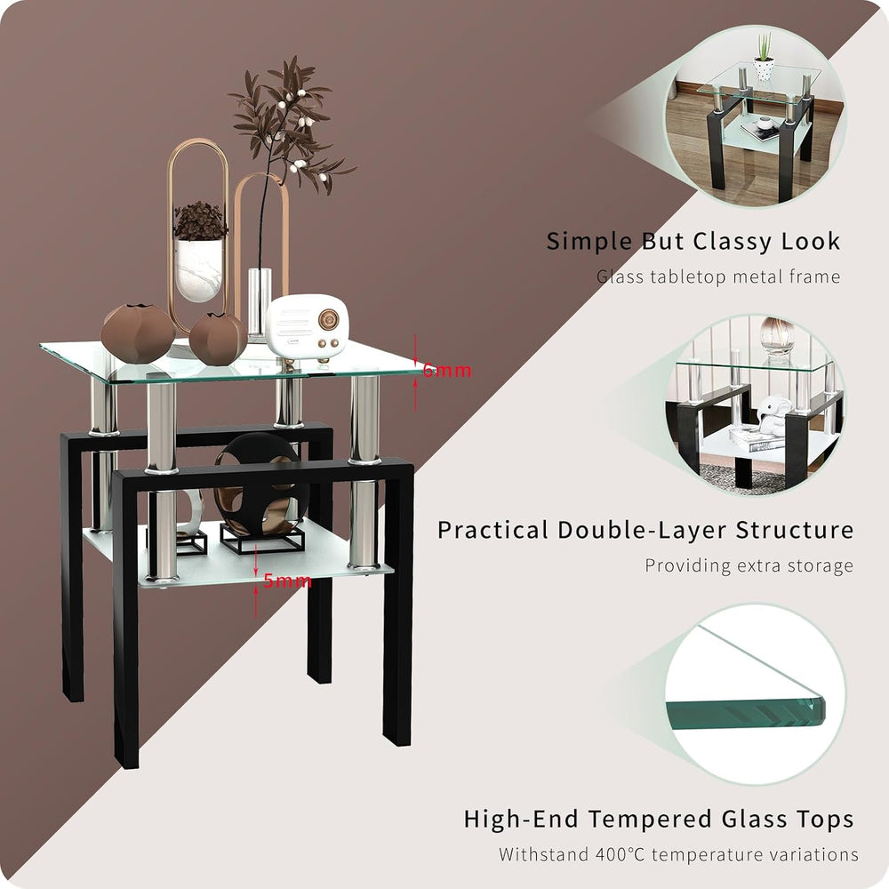 ODUSE-DAILY Glass Coffee Table - Black Metal Frame Set of 3 Living Room Table...