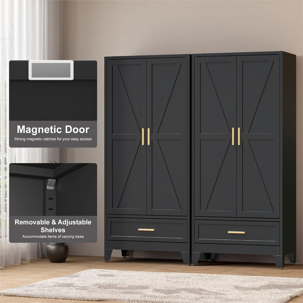 COFaR 71 Farmhouse Metal Wardrobe Closet with Hanging Rod, 2 Barn Doors, Adju...