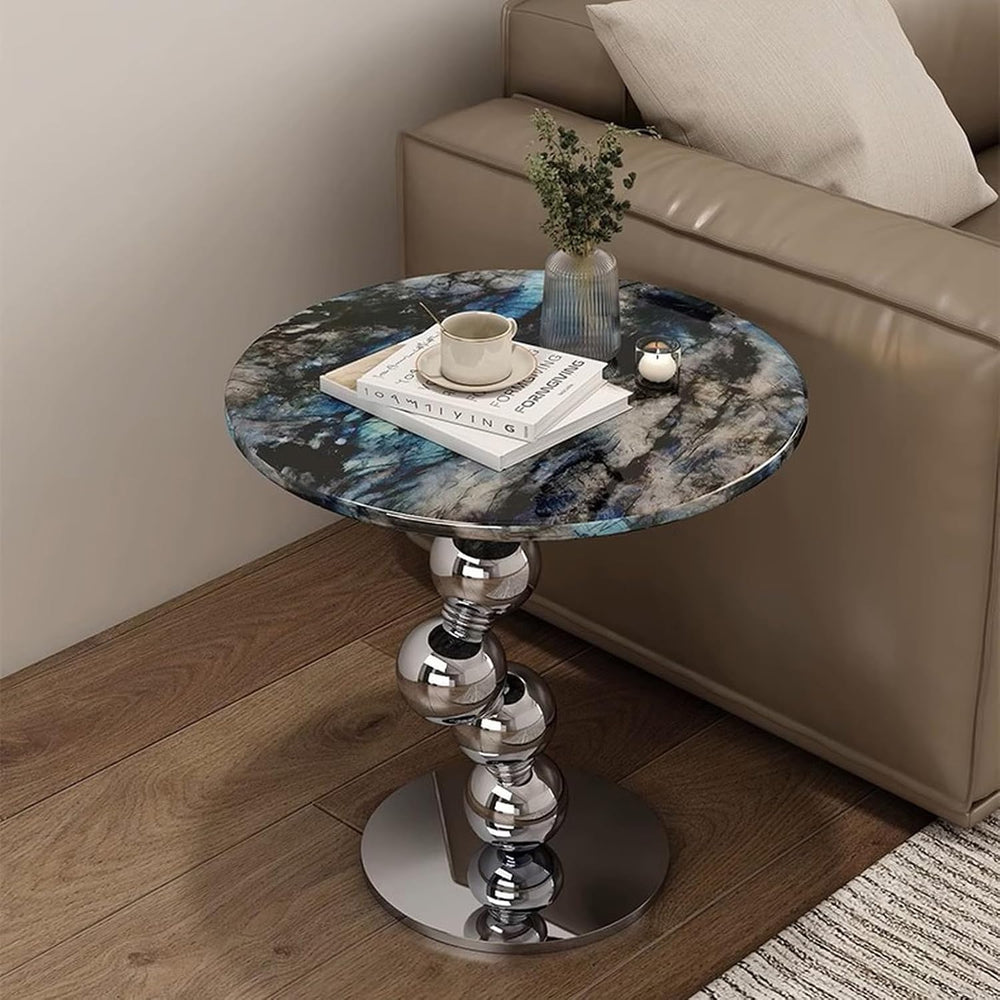 Stylish Round Side Table, Modern Faux Marble Coffee Table, Decorative Small E...
