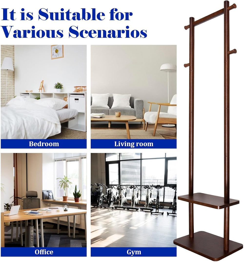 Solid Wood Coat Rack Freestanding,Clothing Tree Racks with 2-layer Shelves St...
