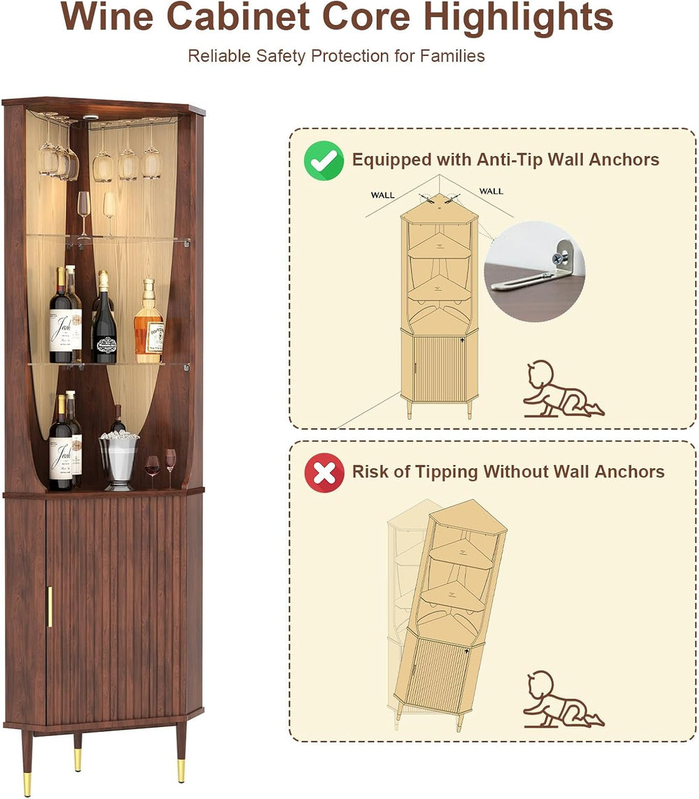JOINICE Tall Corner Bar Cabinet for liquor,Mid-Century Modern,Walnut,70"