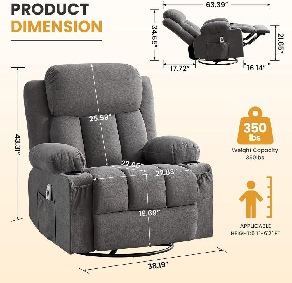 Swivel Rocker Recliner Chair with Vibration Massage & Lumbar Heating, Erg...