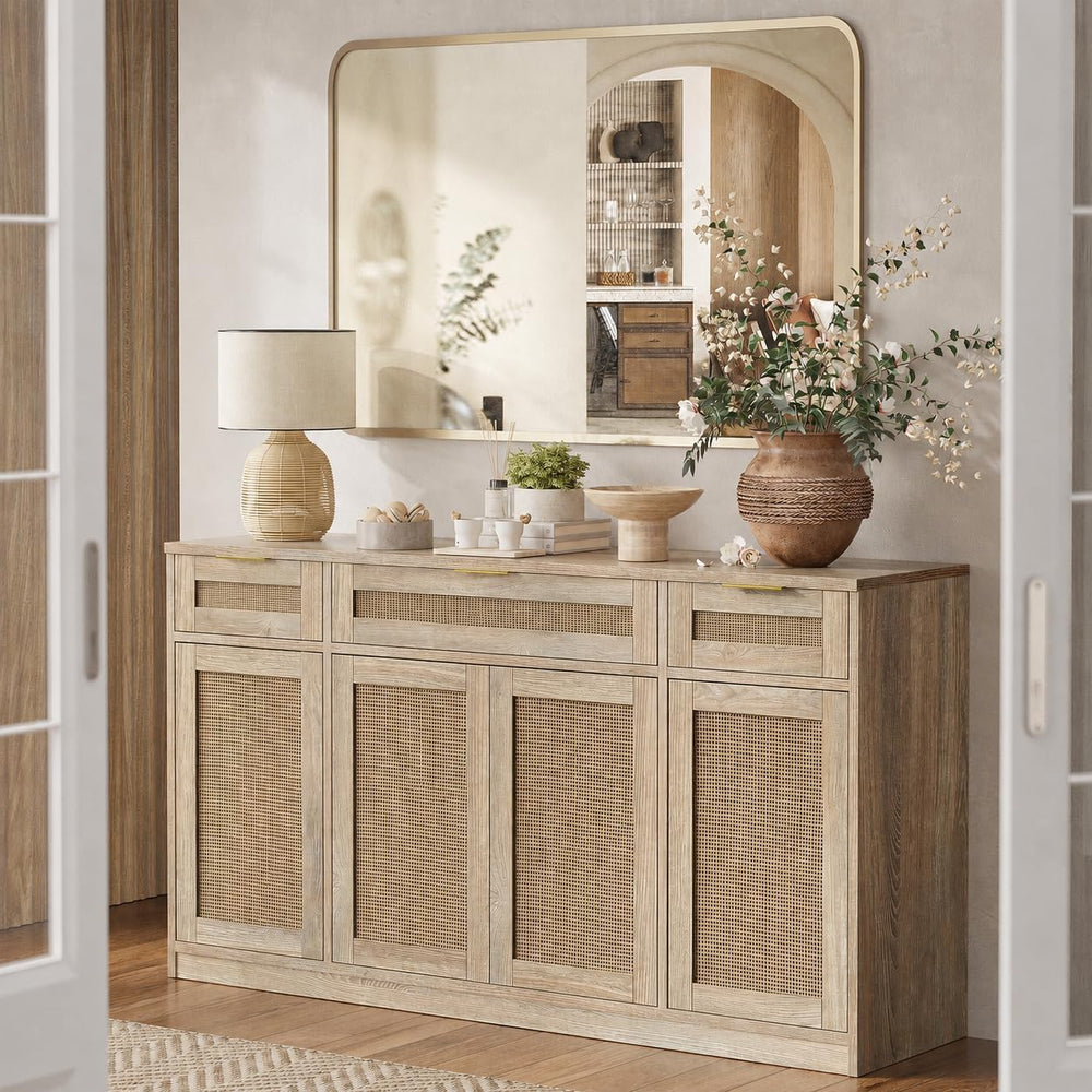 TIQLAB 55" Rattan Sideboard Buffet Cabinet with Storage, 4 Doors Credenz...