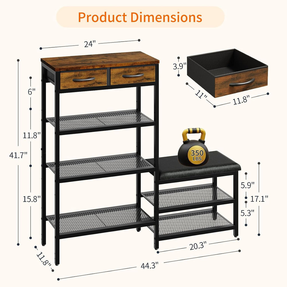 HavenlyYouth Shoe Rack Bench Cushioned with 2 Drawers & 5-Tier Entryway O...
