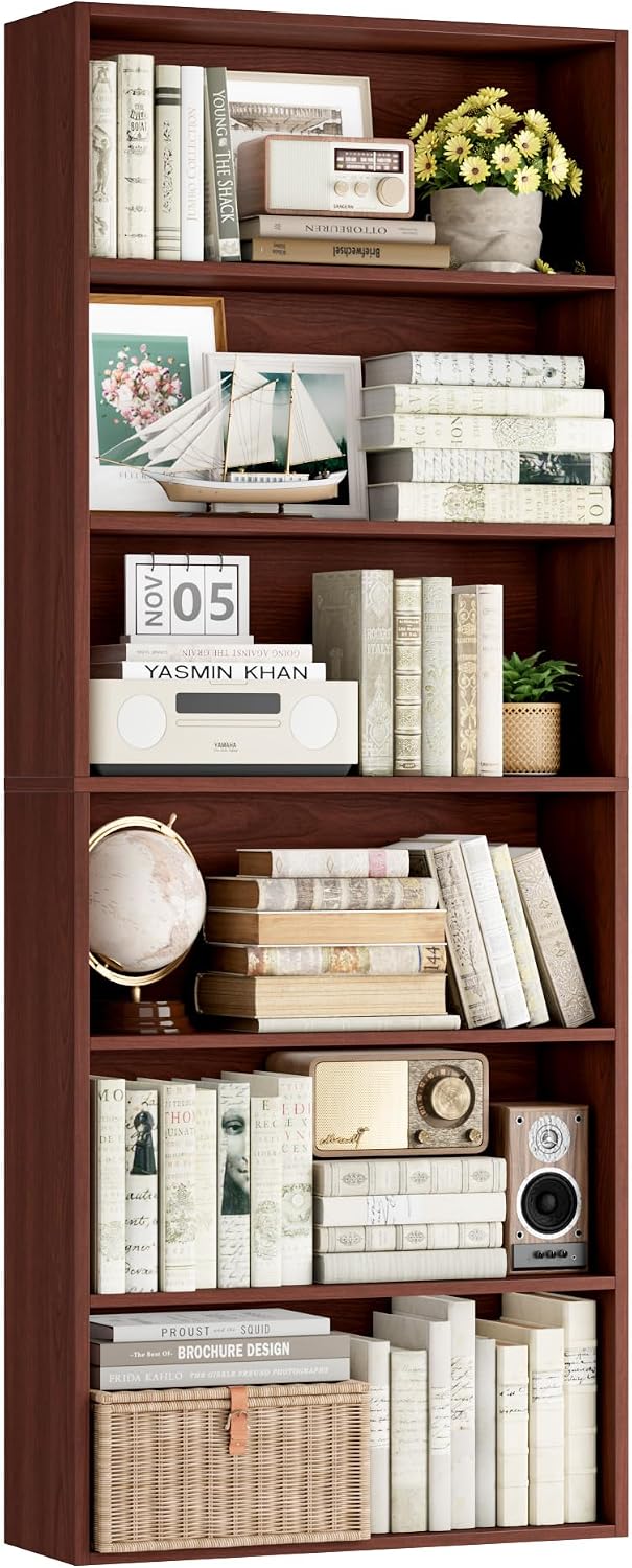 FOTOSOK 6 Tier Tall Bookshelf and Bookcase with Open Display Shelves,Cherry