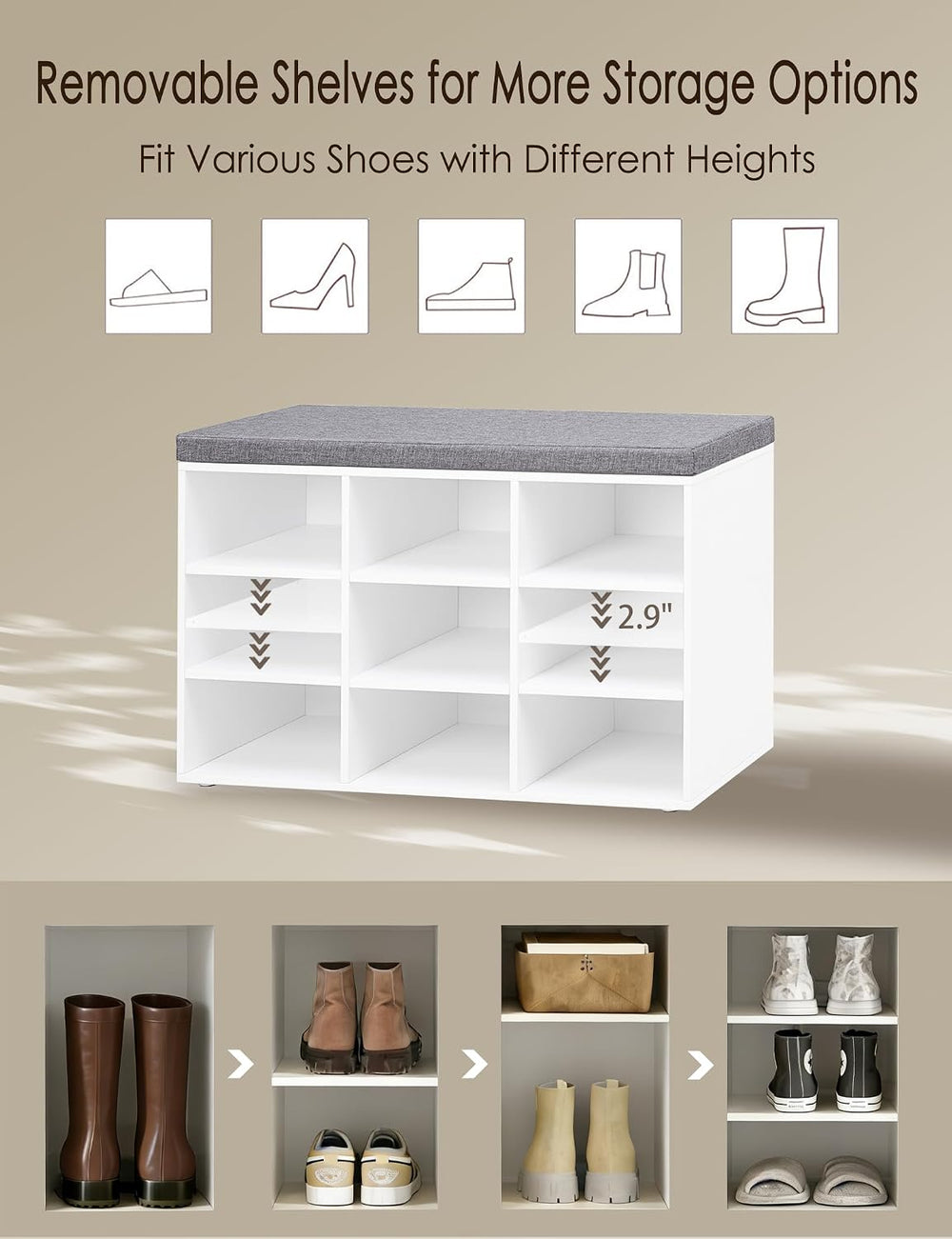 DINZI LVJ Shoe Storage Bench with Cushion, Cubby Shoe Rack with 9 Cubbies, Ad...