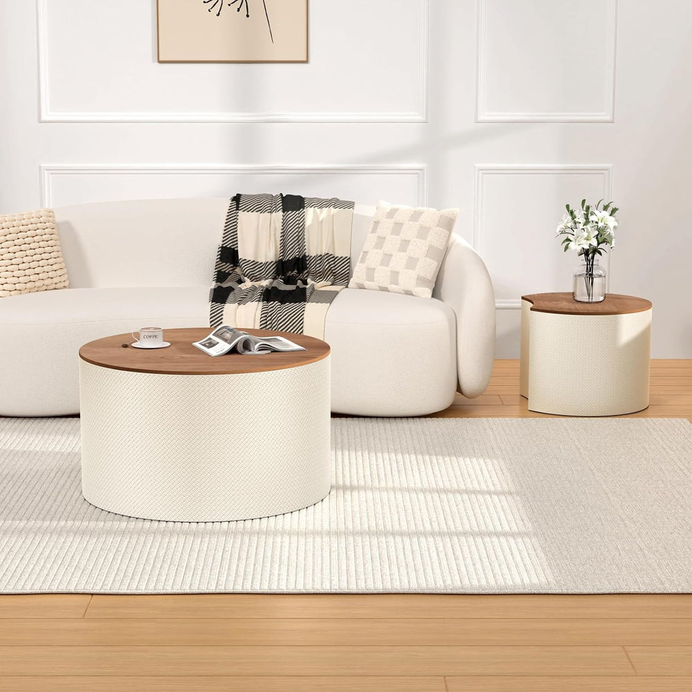 Nesting Coffee Table Set of 2, Modern Round Storage Coffee Table, (White) | W...