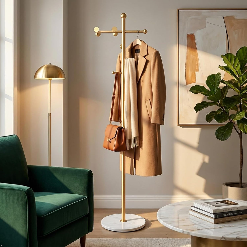 Modern Freestanding Coat Rack, with Marble Base and 8 Hooks