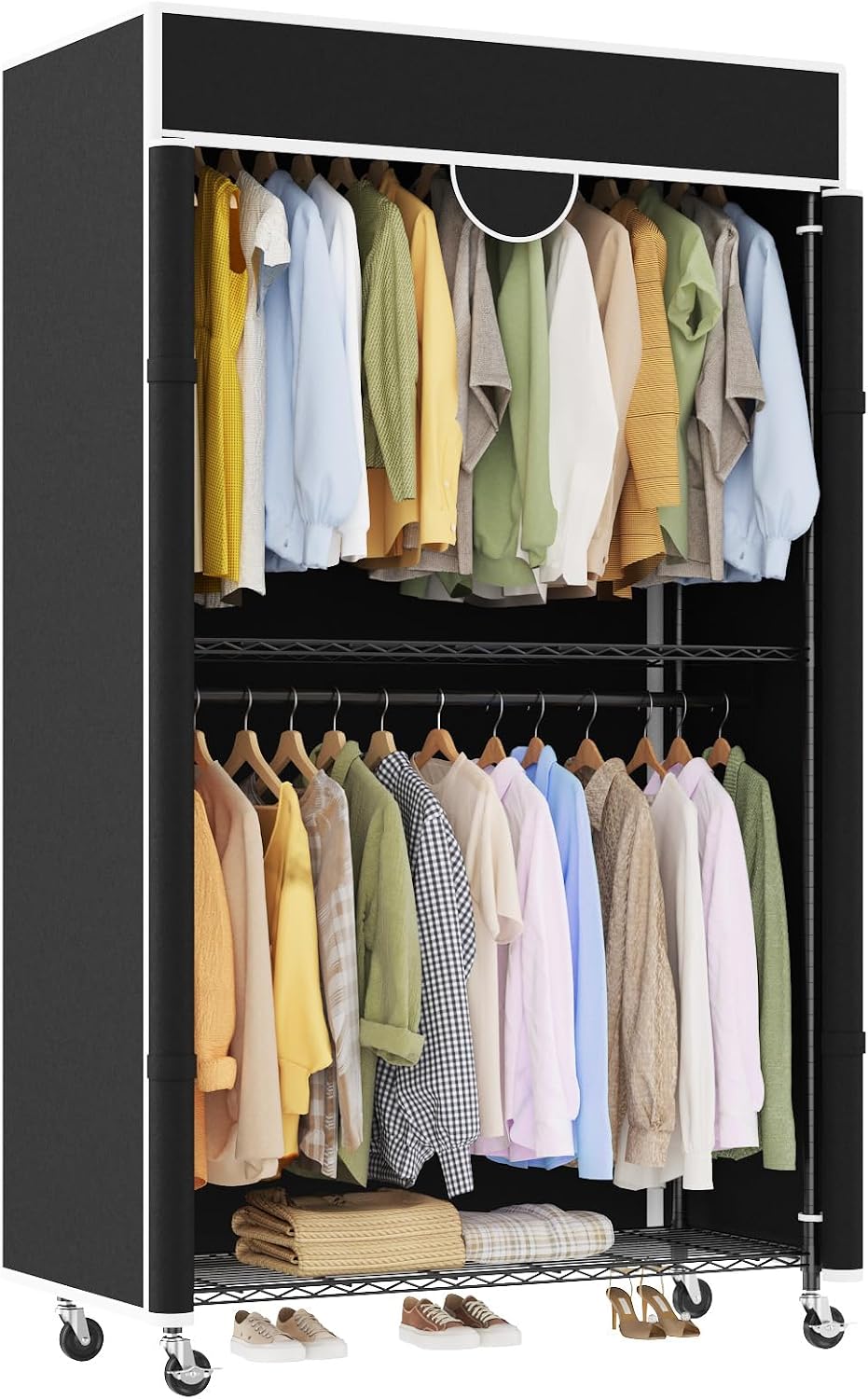 Garvee Heavy Duty Clothes Rack with Cover, 485LBS, on Wheels, Carbon Steel
