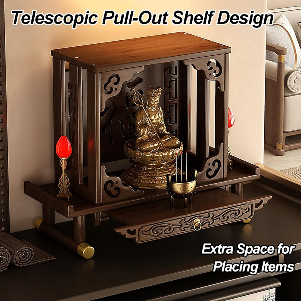 Small Altar Table Solid Wood, Pooja Meditation Table with Telescopic Pull-Out...