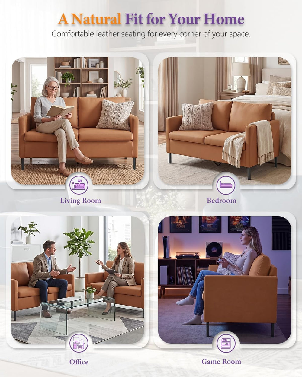 TYBOATLE Brown Faux Leather Small Couch Loveseat, 2-Seater Sofa
