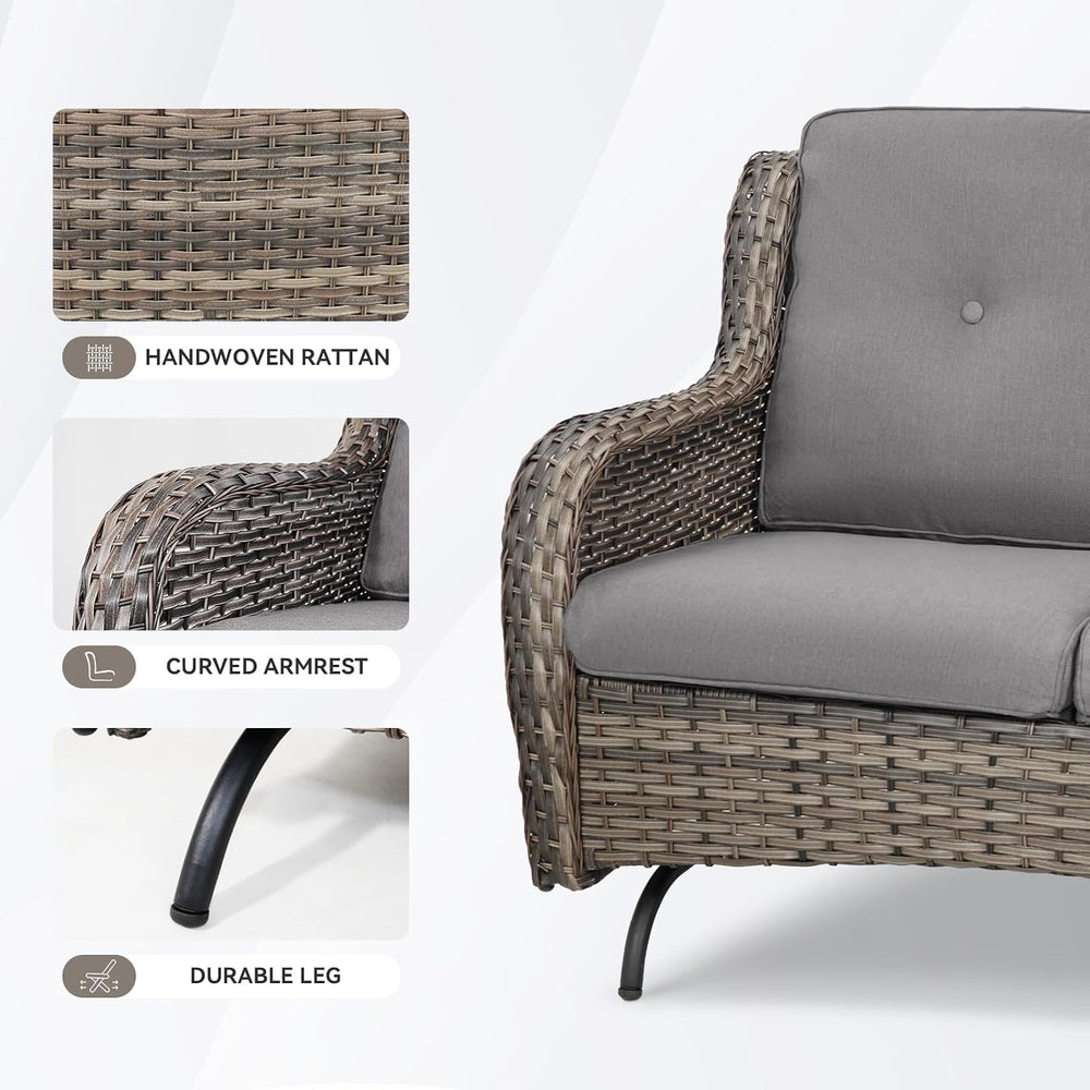 Patio Loveseat Wicker Loveseat Rattan Glider Sofa with Curved Armrest Thickin...