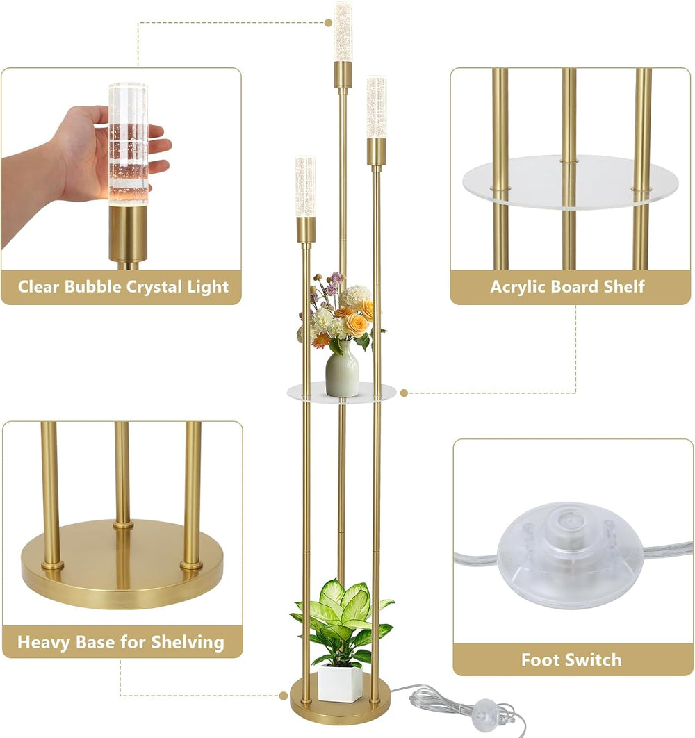 Modern Gold Floor Lamps for Living Room, Bubble Crystal Floor Lamp with Shelv...