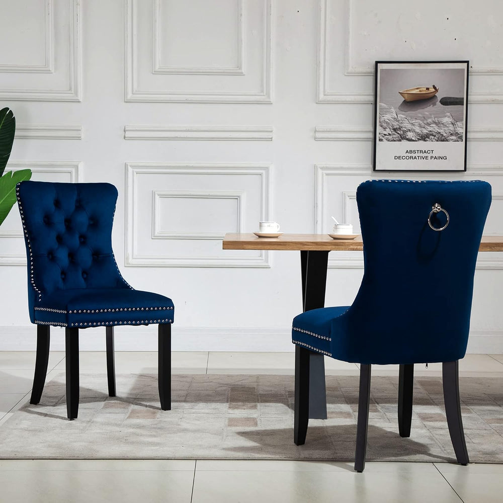 Set of 2 Upholstered Velvet Dining Room Chairs with Nailed Trim and Pulling R...