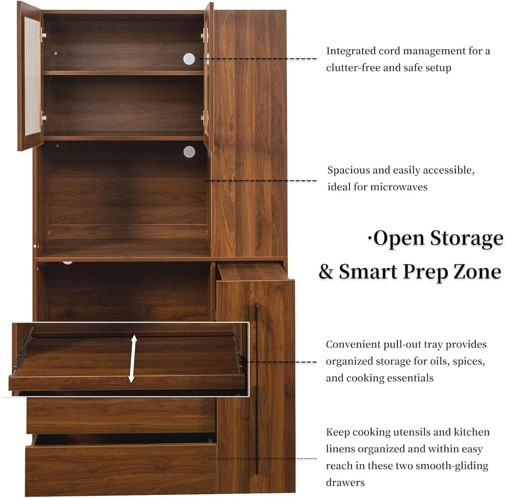 Tall Kitchen Hutch Cabinet with Pull-out Shelves, Storage Drawers, Glass Door...