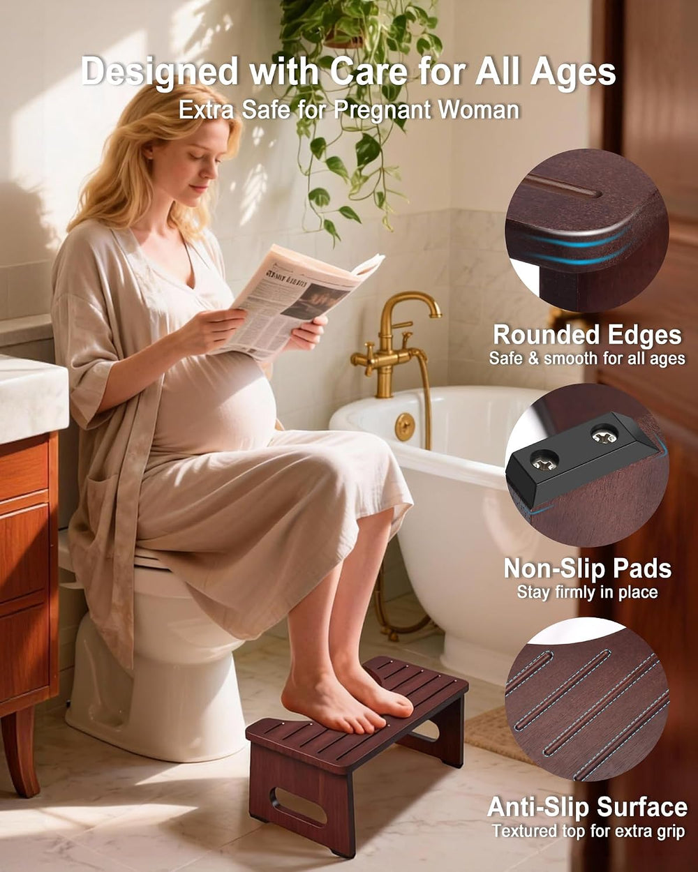 Foldable Toilet Stool, 7 Inch Poop Stool for Bathroom, Bamboo Toilet Stool Sq...