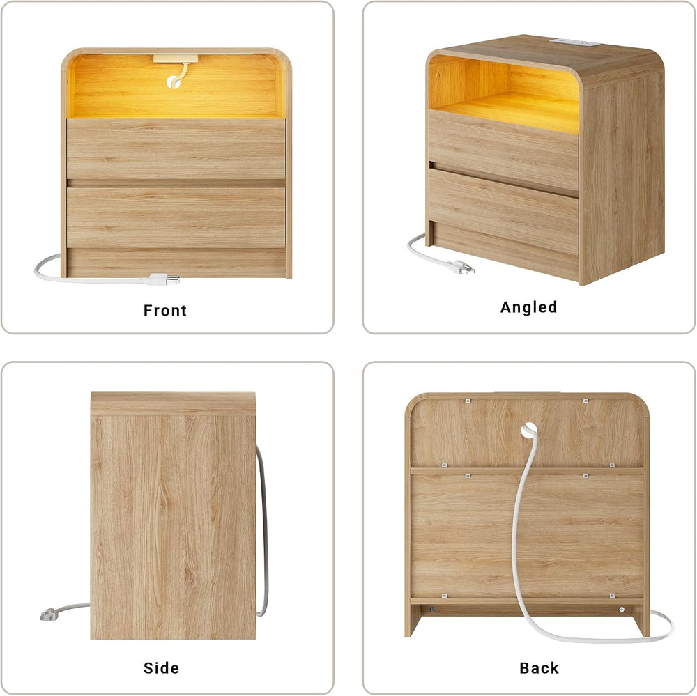 23"W 2 Drawer Nightstand with Charging Station and RGB LED Light | Curve...